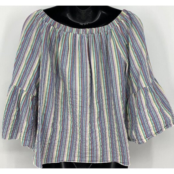 See by Chloe Top Blouse Women Size 36 4 Stripe Pink Blue Off Shoulder Ruffle B60 - Picture 4 of 8